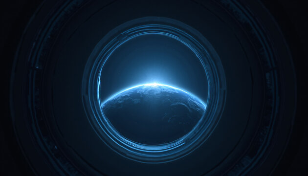Earth View Through Circular Space Station Window - Powered by Adobe
