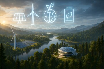 Sustainable energy infrastructure in a serene mountain valley, with renewable energy symbols.