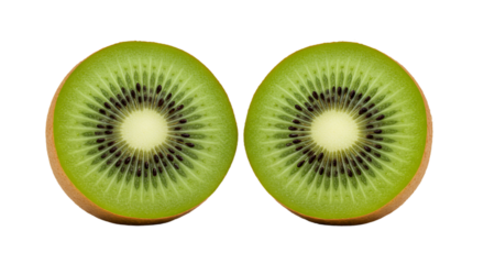 Two kiwi fruit halves showcasing their vibrant green flesh and black seeds on a black background isolated on white transparent background