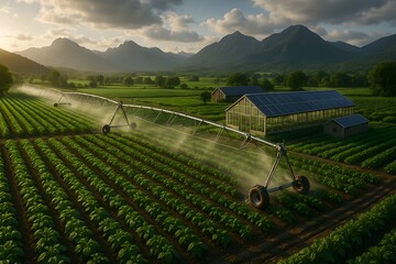 Irrigation system waters lush green farmland at sunset, with mountains and greenhouses in the background.