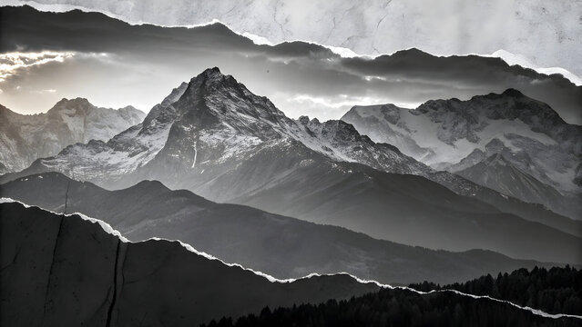 Black and white mountain range with torn paper edges and dramatic sky landscape nature