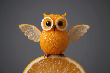 Whimsical owl fruit art on citrus slice