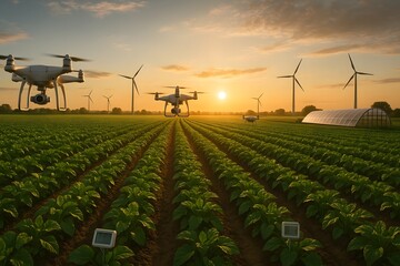 Drones surveying a lush agricultural field at sunset, with wind turbines in the background showcasing modern farming technology.