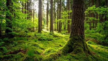 Fototapeta premium Sunlight filtering through a lush forest canopy.
