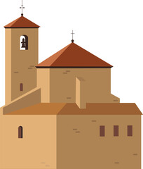 Vector illustration of traditional monastery with terracotta roofs. Isolated on white background.