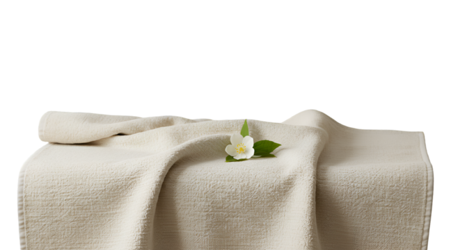 A folded cream colored textured blanket with a white flower on top against a black background isolated on white transparent background