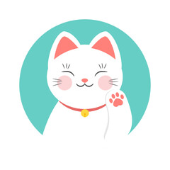 Maneki neko cute beckoning cat round icon. Vector illustration