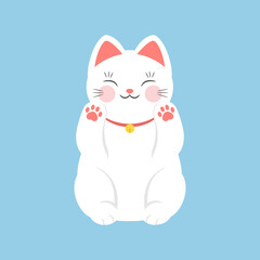 White cat Maneki neko with both raised paws. Smiling lucky cat. Symbol of fortune and luck
