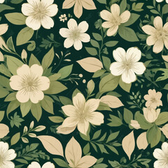 green and beige floral patterns with flowers and leaves. Vector seamless backgrounds