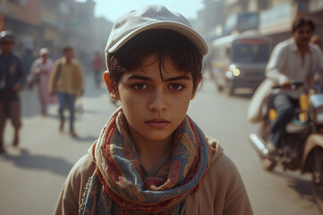 Young boy in a busy street scene