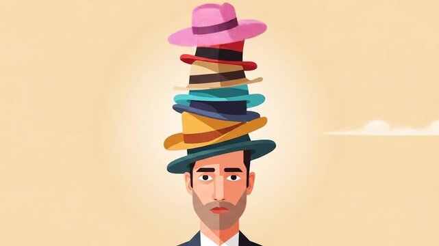 A man wearing a tall stack of colorful hats, symbolizing multiple roles or responsibilities.