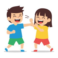 Joyful Youthful Interaction: Two animated children, immersed in a playful moment of enthusiastic fun, laugh and enjoy a joyful interaction. The image encapsulates the essence of innocent camaraderie.