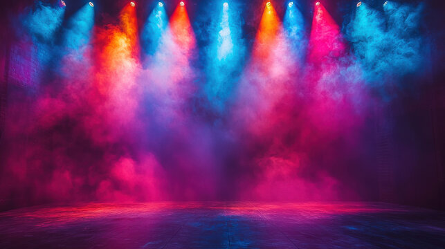 A vibrant stage bathed in a spectrum of colorful spotlights, casting dramatic shadows that dance across a dimly lit stage, hinting at an electrifying performance unfolding beneath the stage 