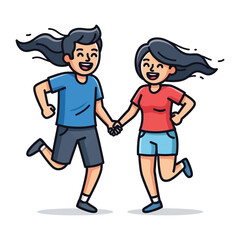Joyful Run: In a cheerful embrace, two smiling companions embark on a spirited adventure, hand-in-hand. capturing the spirit of friendship and shared happiness.