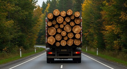 A rear view of a truck carrying a large load of logs on a winding road with trees on either side, showing autumn foliage, transportation and industry concepts
