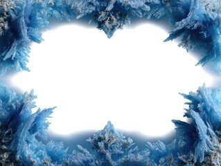 Abstract icy crystal frame with blue fractal patterns on a white background