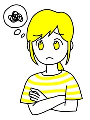 腕組みをして悩む女性（黄色）