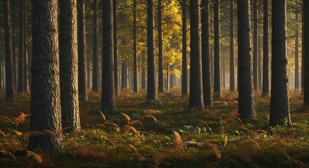 Obraz premium Serene Autumn Forest Scene: Sunlight Filtering Through Tall Trees, Illuminating Ferns and Undergrowth in a Tranquil Woodland Landscape