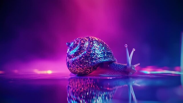 Neon illuminated Snail with glitter shell crawling in dark room with led lights background,