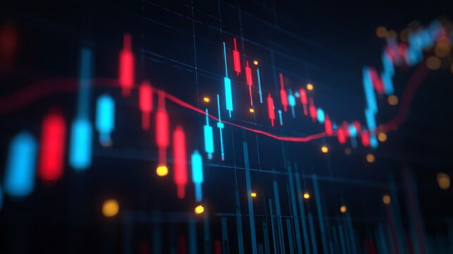 Closeup of financial stock market candlestick chart with uptrend line on blue digital monitor, business investment growth concept, economic data analysis, trading visualization, and futuristic finance - Powered by Adobe
