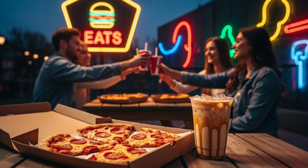 A group of young friends sitting in a neon-lit restaurant, raising drinks together while enjoying pizza. A pepperoni pizza box and iced drink are placed in the foreground, capturing the atmosphere 