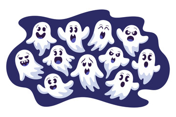 Many cute ghosts, crowd of spirits, wavy purple shape, playful Halloween design, vector illustration