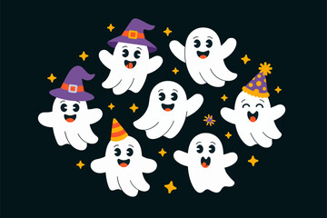 Ghost party group, witch hats and party hats, sparkles and stars, midnight background, cute Halloween vector, fun cartoon clipart design