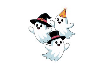 Ghost friends hugging, three floating spirits, white background, party hats, cute Halloween vector, cartoon clipart, playful character design