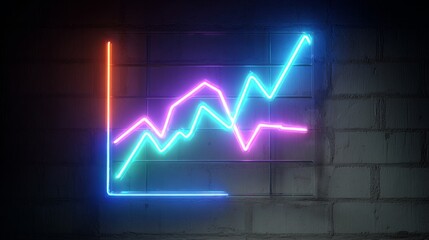 Glowing neon financial chart displaying economy trends with upward and downward graphs, futuristic business analytics and market performance visualization