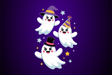 Floating ghosts on purple glow, witch hats and stars, magical night scene, cute Halloween vector, cartoon clipart, playful design