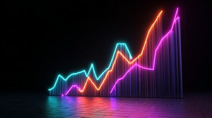 Glowing neon financial chart displaying economy trends with upward and downward graphs, futuristic business analytics and market performance visualization