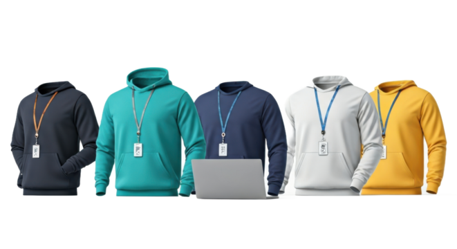 Assorted Colorful Hoodies Displayed with a Laptop on a Transparent Background