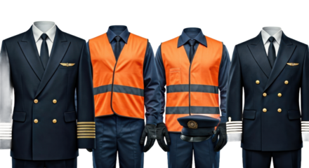 Aviation Uniforms Including Pilot Suit and Safety Gear in Transparent