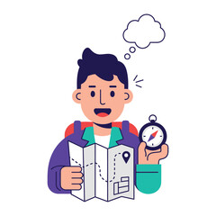 The Adventurer's Journey: A stylized illustration of a determined adventurer with a map and compass, a thought bubble hovering overhead, ready to embark on a new exploration.
