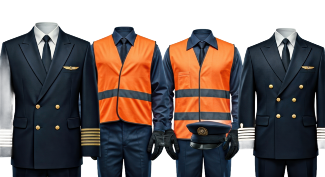 Aviation Uniforms Including Pilot Suit and Safety Gear in Transparent