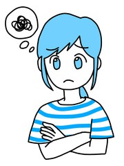 腕組みをして悩む女性（青）