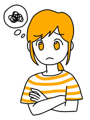 腕組みをして悩む女性（オレンジ）