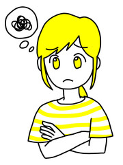 腕組みをして悩む女性（黄色）