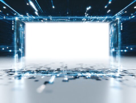 Futuristic digital interface with glowing blue grid and abstract technology elements