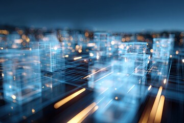 Futuristic cityscape, glowing digital buildings and network lines