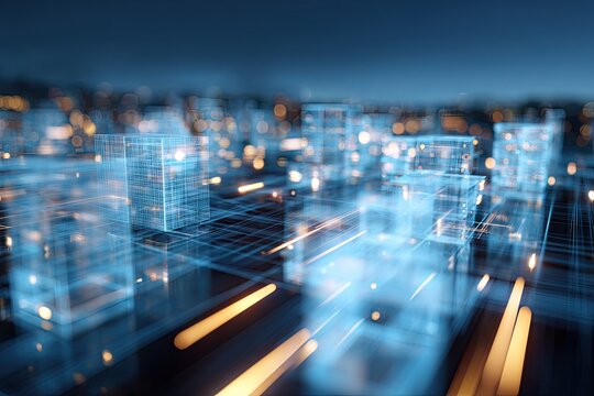 Futuristic cityscape, glowing digital buildings and network lines