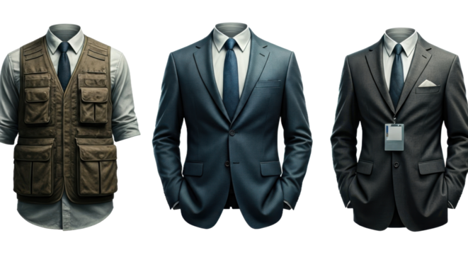 Collection of Formal and Professional Attire Including Suits and Vests