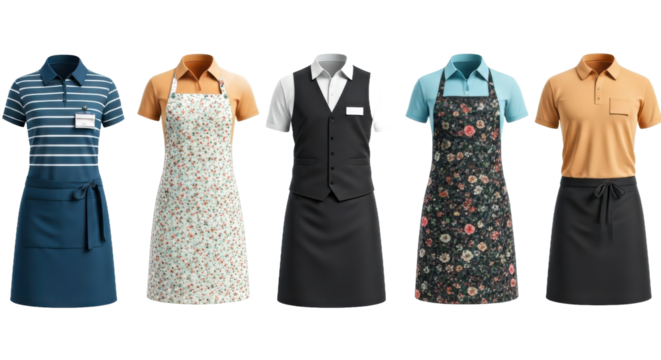 Collection of Diverse Restaurant and Hospitality Workwear Aprons and Shirts