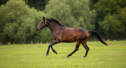 Chestnut horse galloping across a vibrant green field under the open sky