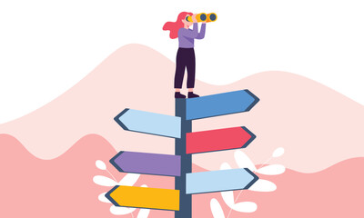 Illustration of person with binoculars atop signpost with multiple arrows, symbolizing decision-making, exploration, and future planning