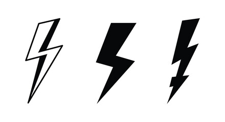 Three different lightning bolt icons in black and white on a plain background