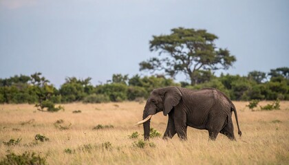 Fototapeta premium Elephant walking through a golden savanna.