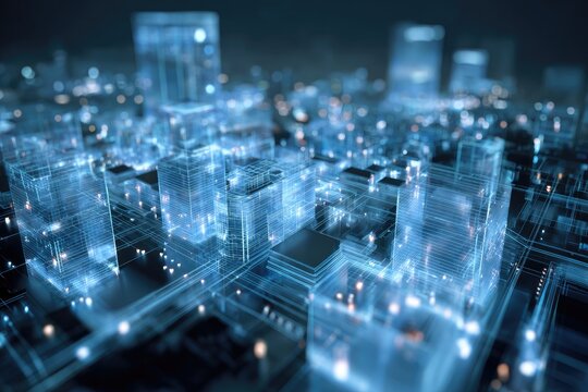 Futuristic cityscape rendered in glowing digital lines, depicting interconnected buildings and infrastructure - Powered by Adobe