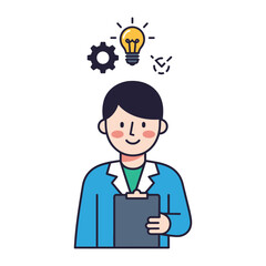 Idea in Progress: A thoughtfully designed image depicts a male individual holding a clipboard while contemplating various conceptual symbols above his head, symbolizing ideas and innovative thinking.