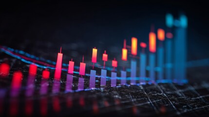 Blurry digital stock market chart with global financial data, investment trading graph, and economic growth analysis on dark blue background